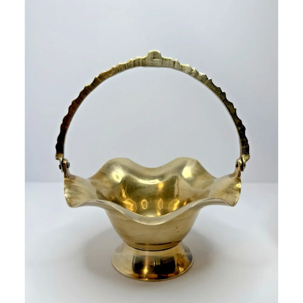 Shiny Solid Brass Decor‎ Bundle Pitcher And Basket For Shelf Styling.